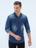 Blue Men Washed Casual Black Shirt Blue Faded