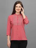 Casual Bishop Sleeve Embroidered Women Grey Top Pink